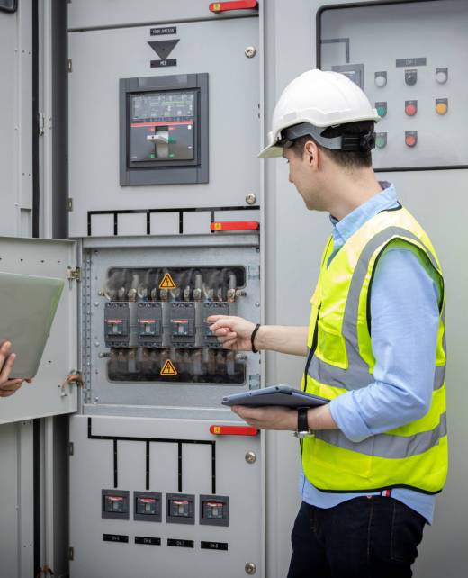 Electrical engineer working in control room. Electrical engineer man checking Power Distribution Cabinet in the control room